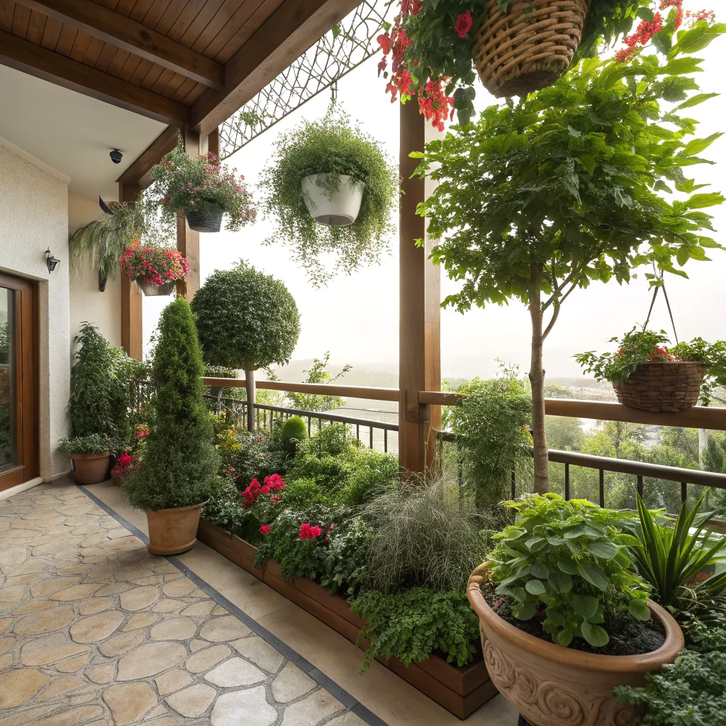 A beautifully landscaped balcony with various plants