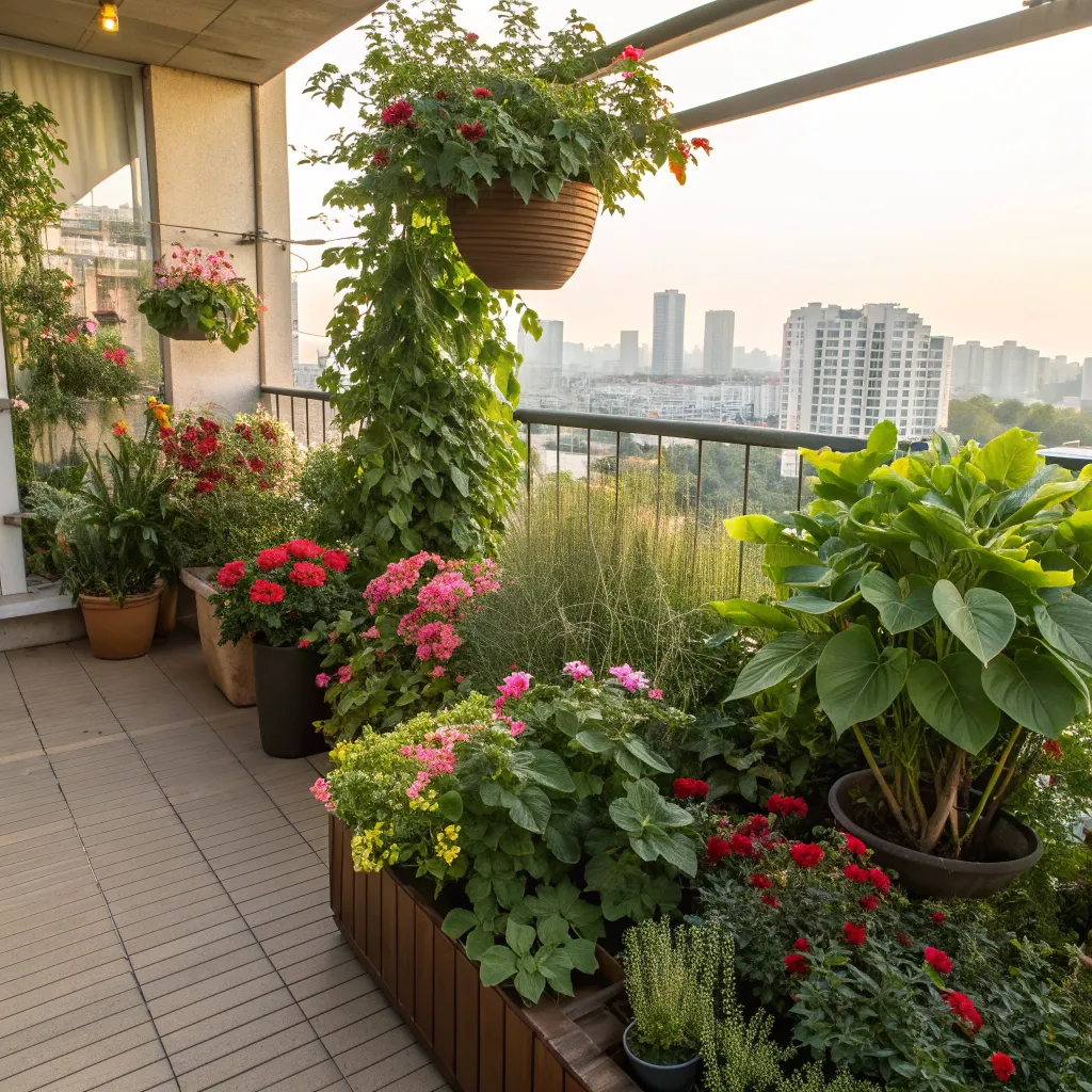 A thriving balcony garden with various plants and flowers